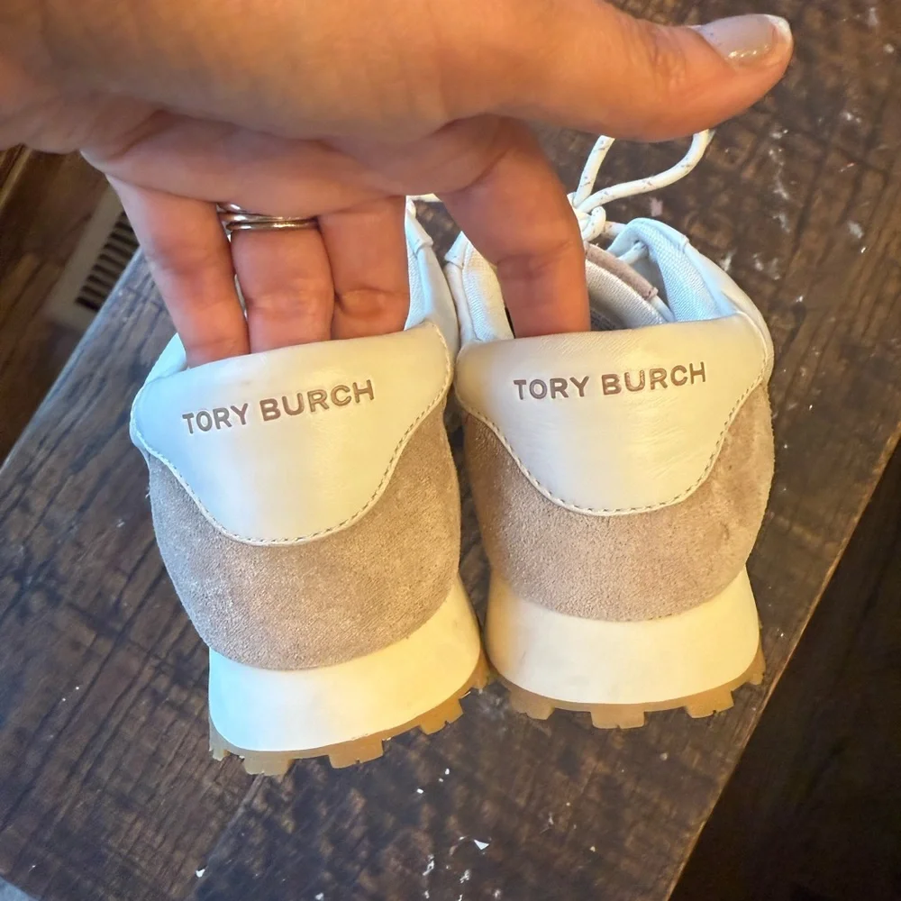 Tory Burch Men's White and Beige Suede-Trim Sneakers size 7.5